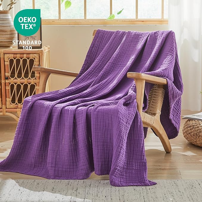 EMME Cotton Muslin King Blanket Bed Layering Breathable Gauze Blanket Soft Lightweight Blankets Adults (Purple, 108"x90")