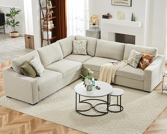 112" L Shaped Sectional Sofa with Detachable Sofa Cover, Reversible Sectional Modular Couch for Living Room, Linen Fabric Corner Couch with 7 Seats, Oatmeal