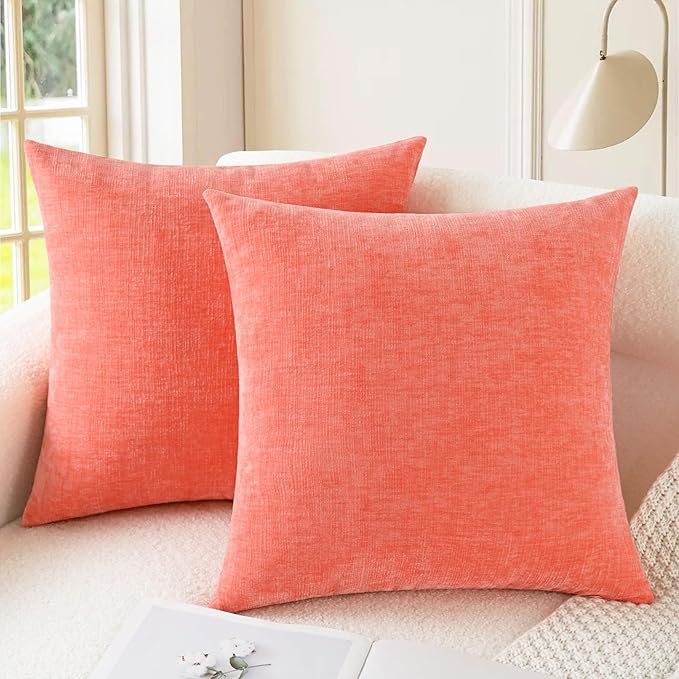 CaliTime Throw Pillow Covers Decorative 22 X 22 Inches Pack of 2 Cozy Chenille Cushion Cases for Couch Sofa Bed Living Room Home Living Coral