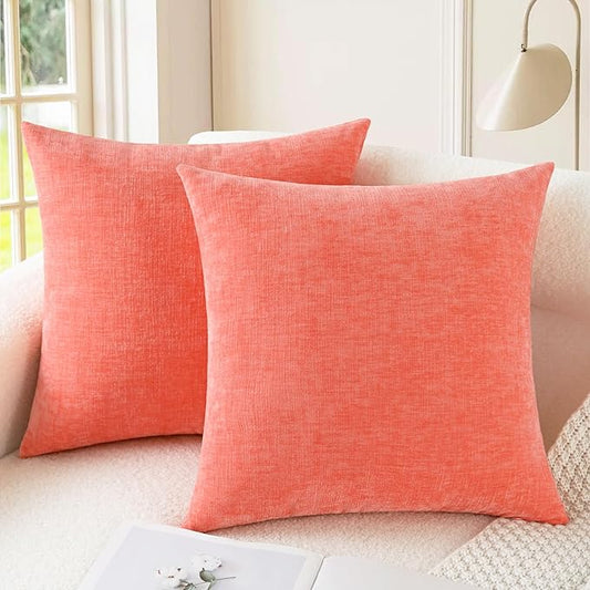CaliTime Throw Pillow Covers Decorative 20 X 20 Inches Pack of 2 Cozy Chenille Cushion Cases for Couch Sofa Bed Living Room Home Living Coral