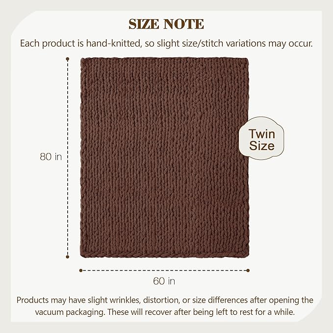 Carriediosa Chunky Knit Throw Blanket 60" X 80" Twin, 100% Hand Made Large Chenille Loop Yarn Soft Fluffy Throws for Couch Sofa Bed, Big Crochet Cozy Heavy Thick Cable Woven Blanket, Cocoa Brown