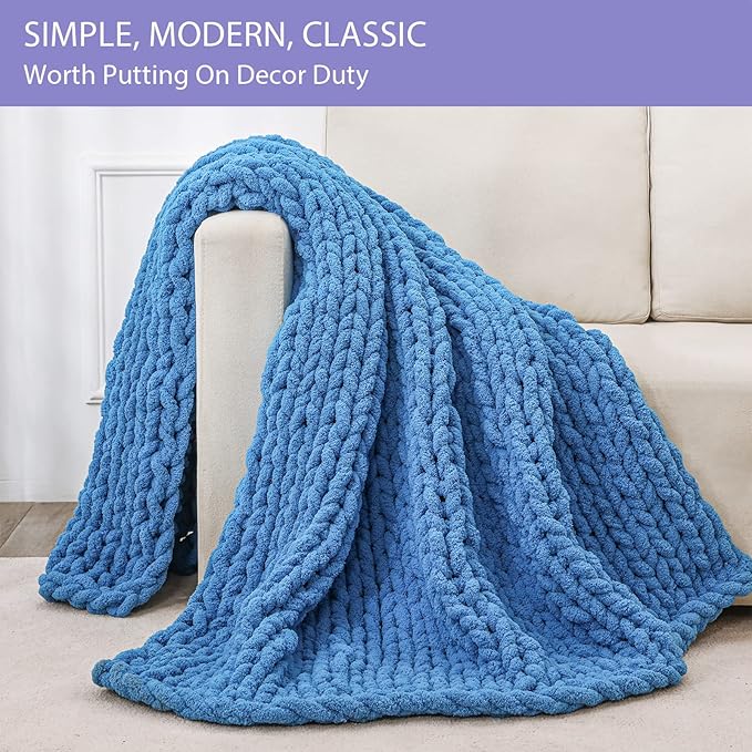 Bigacogo Chunky Knit Throw Blanket for Couch, 51x63 inches, 100% Hand Knitted with Thick Jumbo Chenille Yarn, Cozy Soft Large Rope Knot Cable Crochet Blankets for Sofa Bed Living Room, Bright Blue