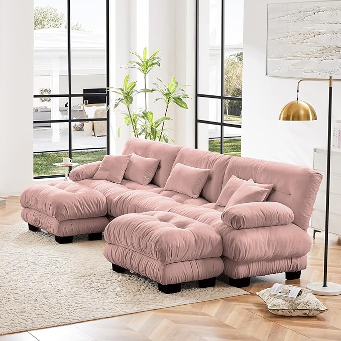U Shaped Couch Sectional Couch, 3-Seater Cloud Couch Sectional Oversized Couch, Sofa Bed Couch with Round Bolster Armrests 5 Pillows, Modular Couch Home Sofa Living Room Couch(Pink)