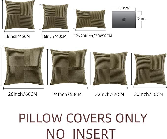 Fancy Homi 2 Packs Olive Green Big Decorative Throw Pillow Covers 24x24 Inch for Living Room Couch Bed, Rustic Farmhouse Boho Home Decor, Soft Corss Corduroy Patchwork Accent Cushion Case 60x60 cm