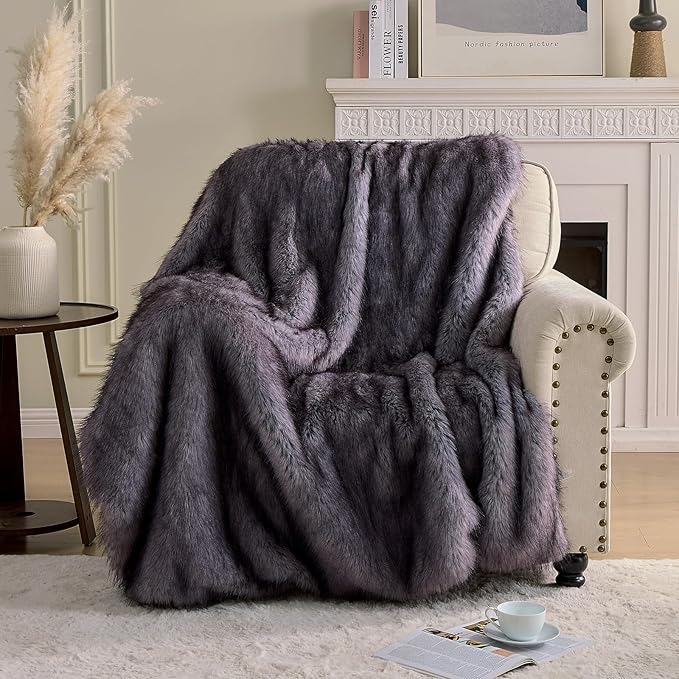 Fluffy Faux Fur Throw Blanket – Super Soft Warm Thick Plush Blanket for Bed, Couch & Office, Cozy Fuzzy Throw with Flannel Backing,90"x90", Grey