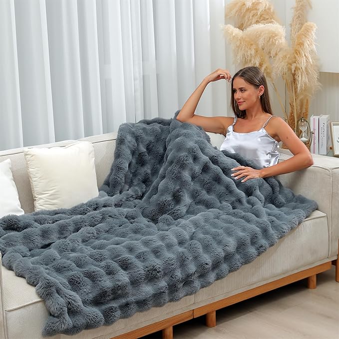 RYNGHIPY Faux Fur Throw Blanket Double Side Thick and Warm Plush Fluffy Faux Rabbit Fur Decoration for Couch Sofa Chair and Bed Cozy Winter Blanket (Dark Grey, 63''x79'')