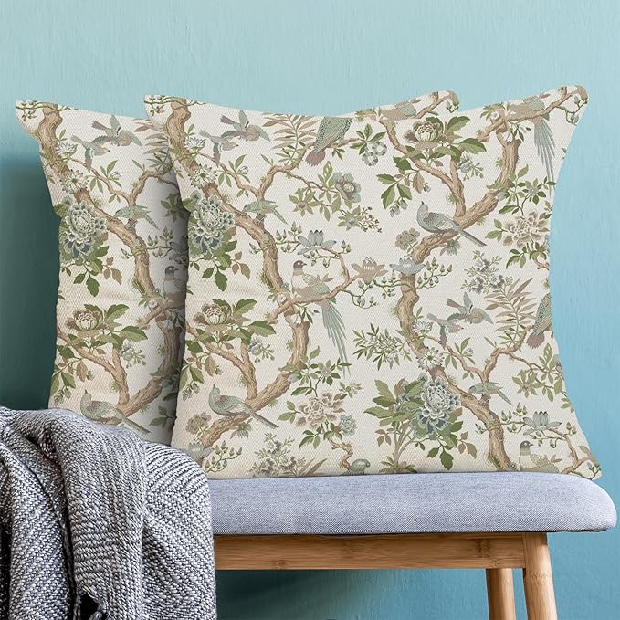 CXMEIFLY Chinoiserie Spring Pillow Covers 20 x 20 Inch Set of 2 for Sage Green Blue Vintage Flowers Bird Decor Throw Pillows Plant Farmhouse Outdoor Decorative Cushion Cases for Couch Bed Decorations