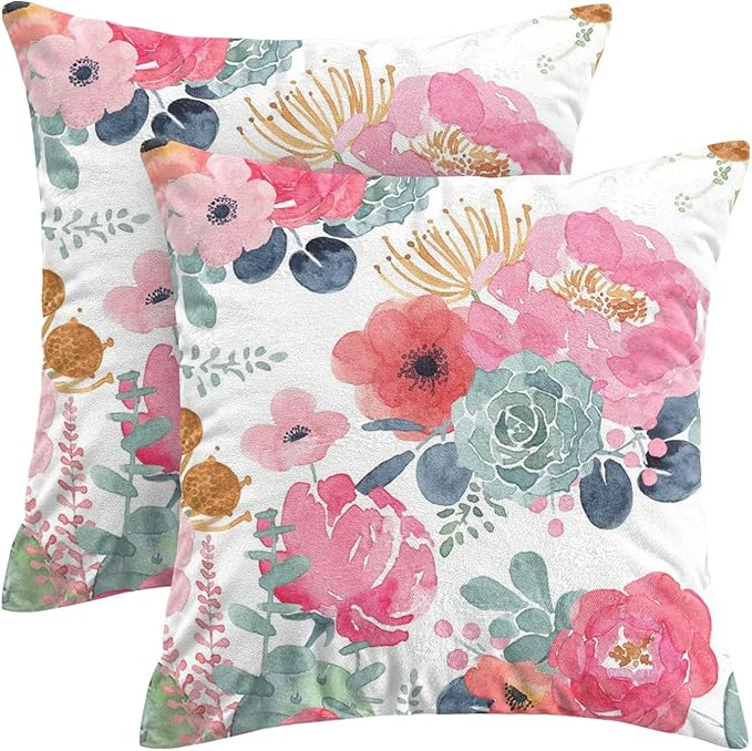 CXMEIFLY Spring Floral Pillow Covers 24 x 24 Inch Set of 2 for Watercolor Pink Flowers Decor Throw Pillows Green Leaves Plant Outdoor Decorative Cushion Cases with Zipper for Couch Bed Decorations