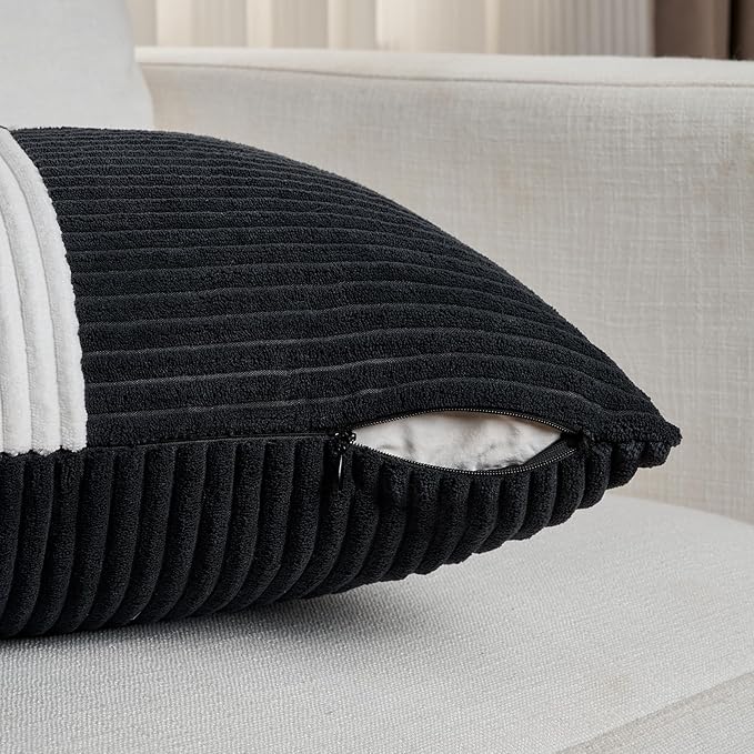 Fancy Homi Set of 2 Black White Euro Decorative Throw Pillow Covers 26x26 Inch for Bedroom Couch Bed, Farmhouse Boho Home Decor, Soft Cross Corduroy Patchwork Textured Square Cushion Case 66x66 cm