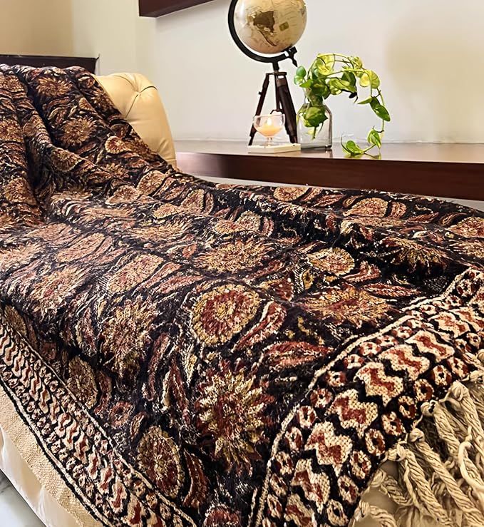 Bohemian Mud Cloth Handmade Throw with Tassels - 120x180 CM Handblock Printed Floral Cotton Blanket, Soft Handloom Sofa Throw for Living Room, Bed, Couch & Home Décor