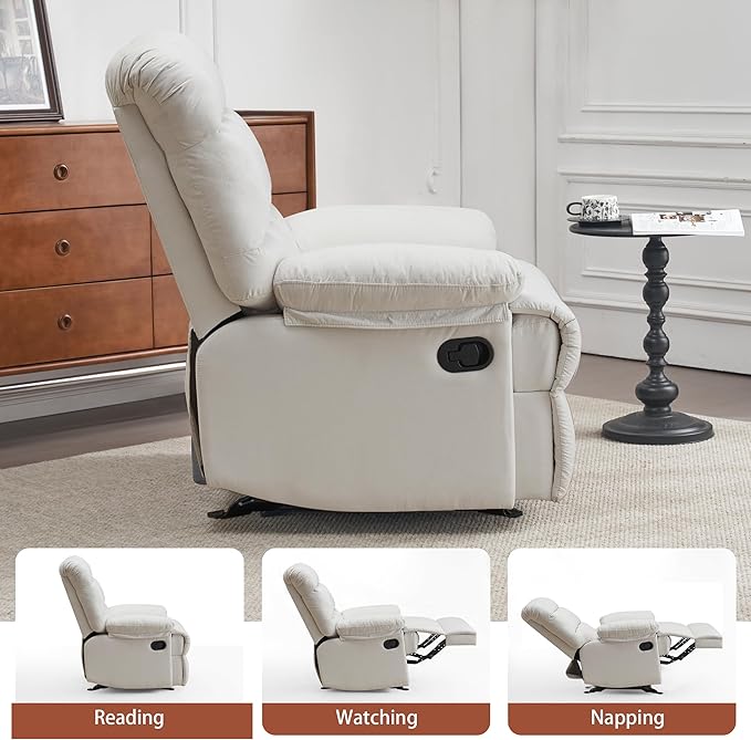 Rocker Recliner Chair, Overstuffed Manual Rocking Recliner for Adults, Upholstered Comfy Soft Fabric Living Room Reclining Sofa Chair (Beige Fabric)
