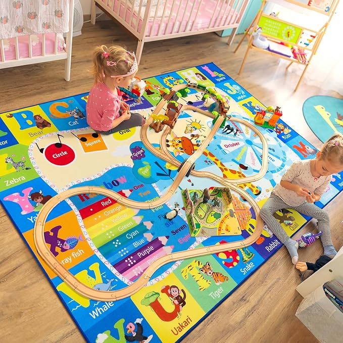 Kids Rugs for Playroom Bedroom Classroom Nursery, Non-Slip and Washable Rugs for Children Toddlers Girls, Educational and Fun Rug Carpets with ABC Alphabet Animals Shapes, 6x9, Blue