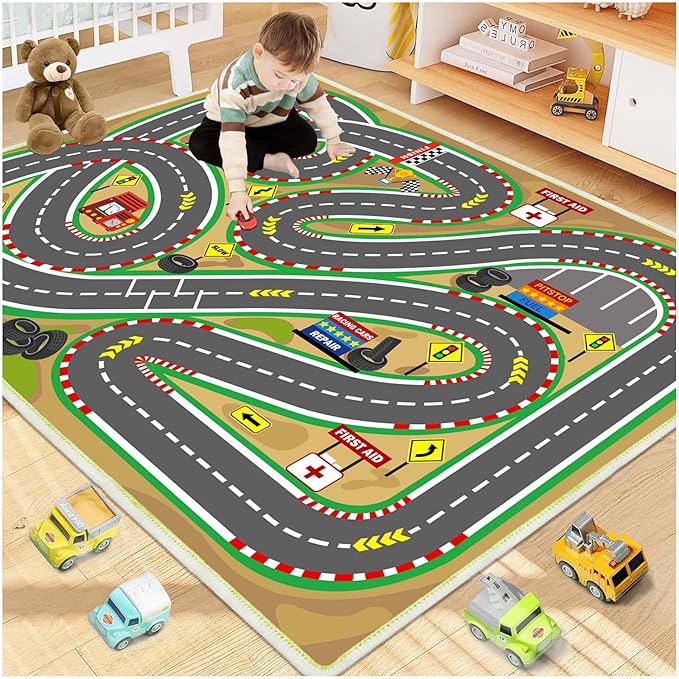 Kids Rug Play mat Playroom Rugs Car Rugs for Kids Toy Cars Race Track for Classroom Rug (Race-Brown, 6.6x9.8ft)