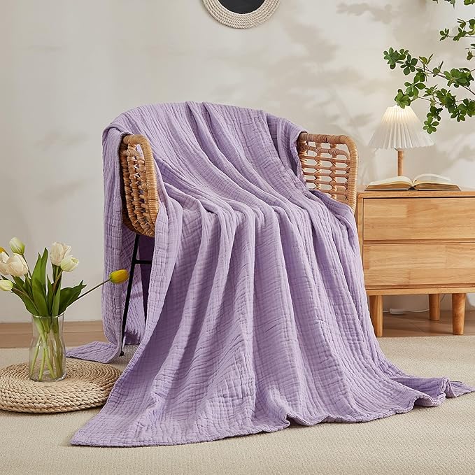 EMME Cotton Twin Blanket for Couch Soft Airy Muslin Bed Blankets Lightweight Breathable All Season Gauze, Lavender 60"x80"