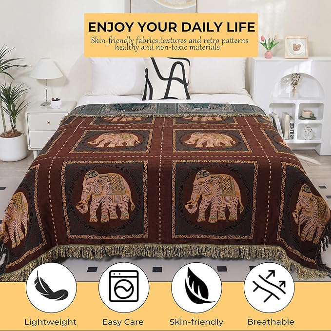 Boho Throw Blanket for Bed with Tassels,100% Cotton Ultra Soft and Cozy Large Blanket Elephant Printed Farmhouse Decor Bed Blankets,80"×90" All Season Rustic Throw for Sofa Couch Chair-Brown