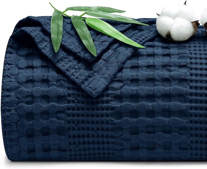 PHF Cooling Waffle Blanket Twin Size, Lightweight 60% Rayon Derived from Bamboo & 40% Cotton Breathable Blanket for Hot Sleepers, Soft and Luxury for Bed Couch and Sofa, 66"x90", Navy Blue