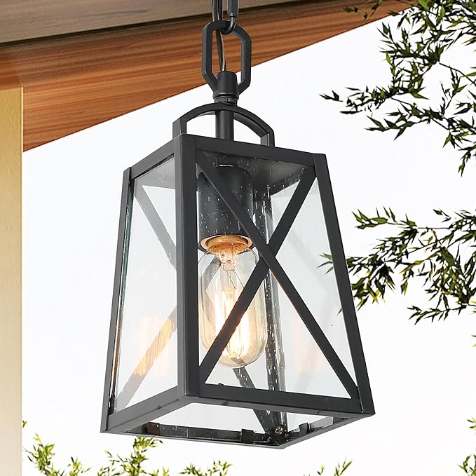 LOG BARN Outdoor Pendant Light Fixture, Farmhouse Exterior Lights, Anti-Rust Ceiling Outdoor Light with Seeded Glass, Lantern Hanging Light for Front Door, Entry, Porch, and Gazebo