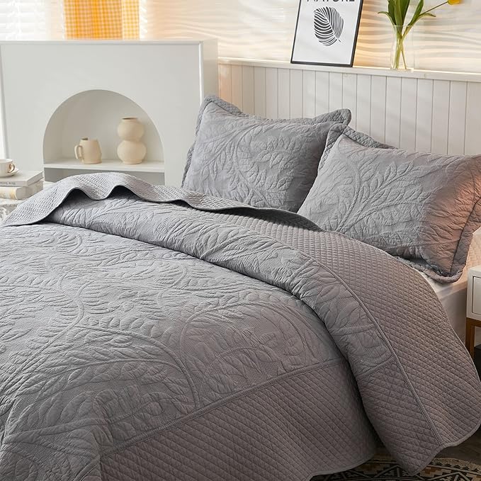 MarCielo 3-Piece 100% Cotton Oversized Bedspread Lightweight Quilt Coverlet Embroidery Farmhouse Bedding Set T0 (Light Grey, Oversized King (118"x106"))