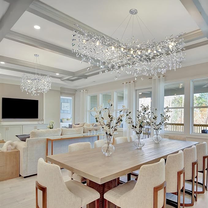 Modern Crystal Silver Chandelier, 55" Large Rectangular Oval Tree Branch Crystal Chandeliers for Dining Room,16-Light Flush Mount K9 Crystal Chandeliers, for Kitchen Island,Dining Room