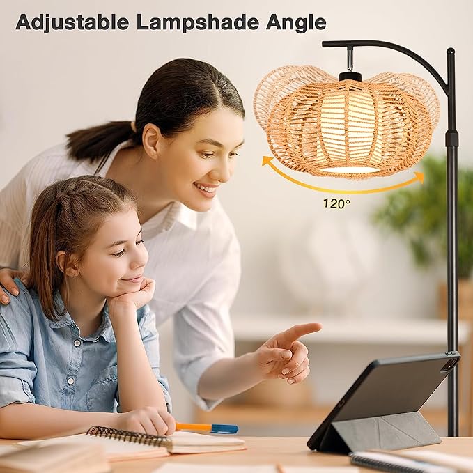 Arc Floor Lamps for Living Room Bedroom Rattan Boho Floor Lamp with Remote Control,Dimmable Led Standing Lamp Wicker Lamp Shade Rustic Tall Floor Lamp Modern Flower Lamp for Bedroom Corner