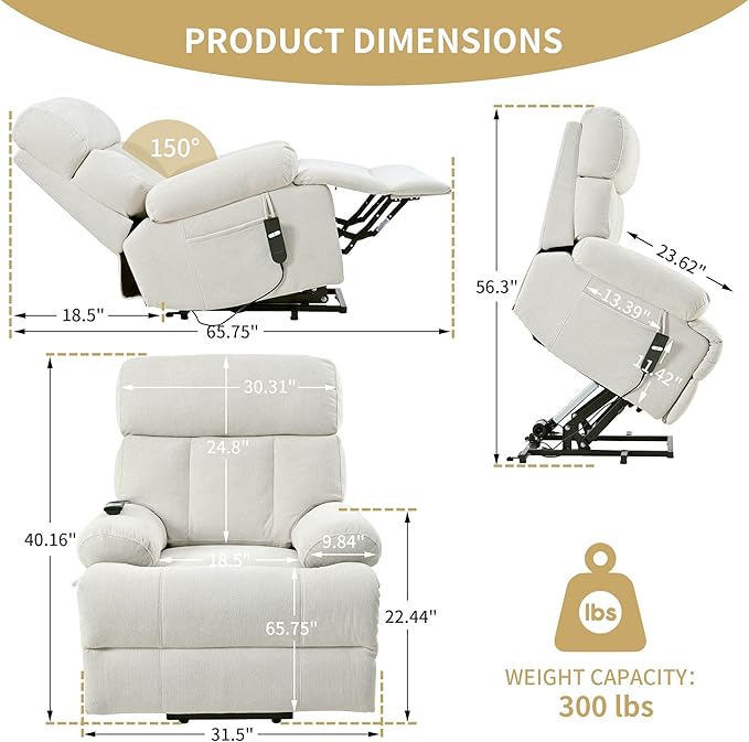 Power Lift Chair Recliners for Elderly, Overstuffed Electric Lift Recliner Chair with Widened Footrest Side Packets for Living Room Bedroom