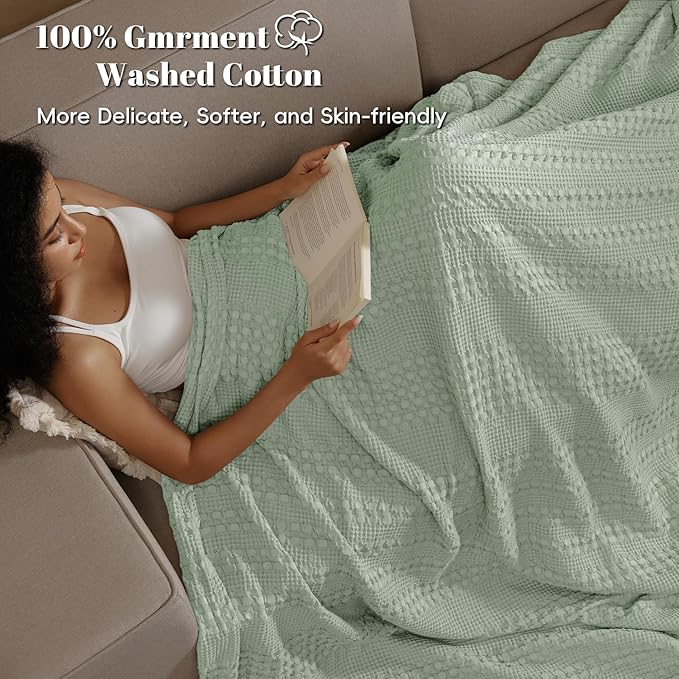 PHF 100% Cotton Waffle Weave Blanket Queen Size, Soft Lightweight Breathable Cozy Summer Blankets for Bed, Luxury Aesthetic Woven Bedding for Home Decor, 90"x90", Sage Green