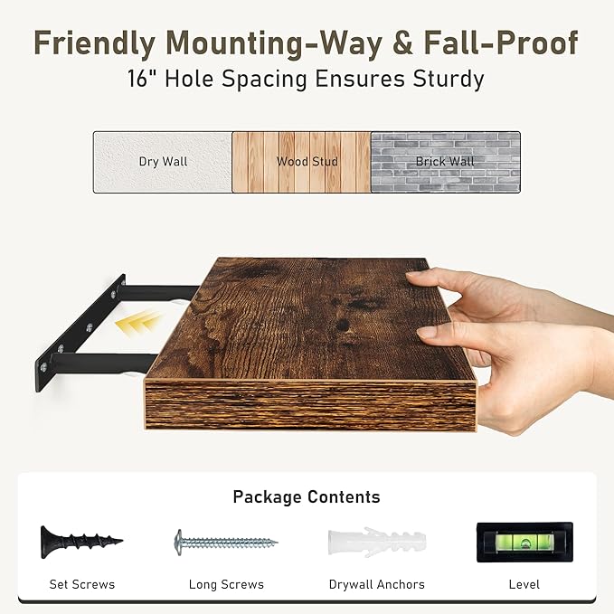 Floating Shelves Wall Shelf 40 Inch, 8 Inch Deep Floating Shelf for Wall, Farmhouse Black Wood Shelves Invisible Bracket for Living Room, Bedroom, Kitchen, 40 x 8 x 1.4 Inch, Set of 2, Rustic Brown