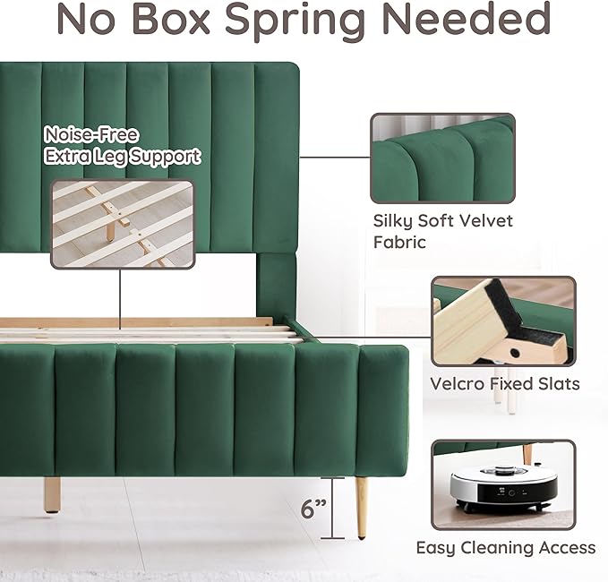 Livinia Twin Size Elton Velvet Platform Bed, Upholstered Bed Frame with Vertical Channel Tufted Headboard Footboard, Strong Wood Slats, No Box Spring Needed, Green (Twin)