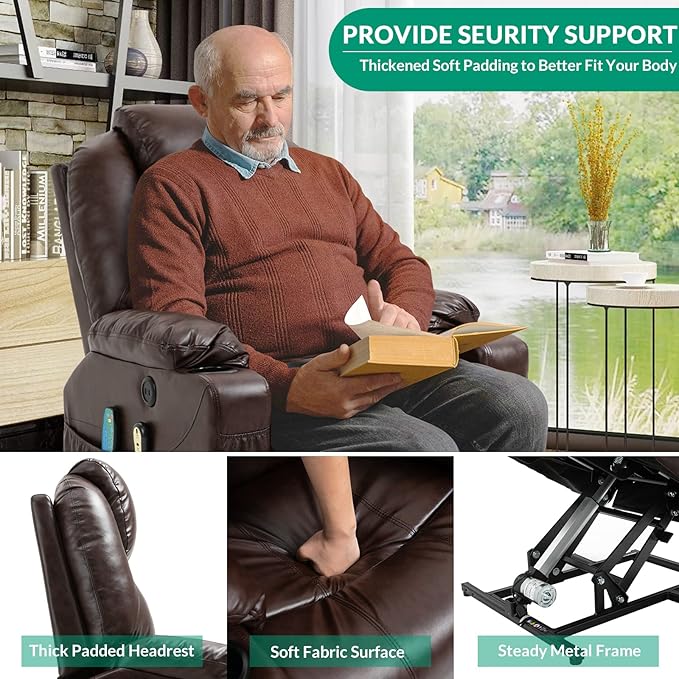VIVIJASON Power Lift Chair Electric Recliner for Elderly Heated Vibration Massage Faux Leather Recliner Chair with 2 Remote Controls, Cup Holders, Side Pockets & USB Ports for Living Room (Brown)