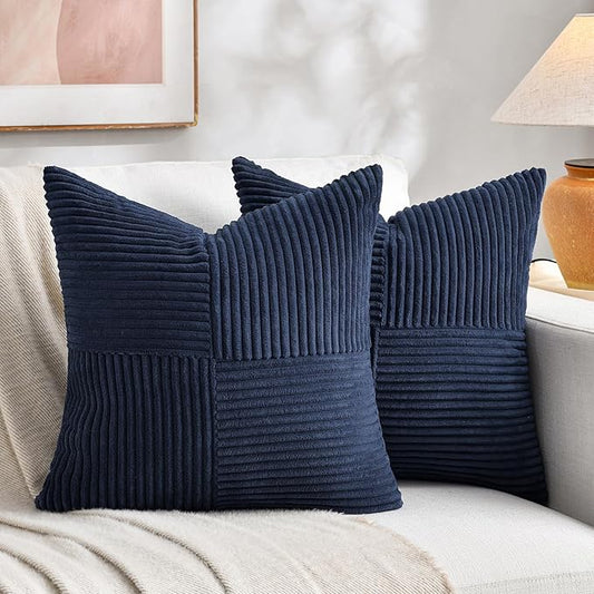 Fancy Homi 2 Packs Navy Blue Euro Decorative Throw Pillow Covers 26x26 Inch for Living Room Couch Bed, Farmhouse Boho Home Decor, Soft Corss Corduroy Patchwork Textured Square Cushion Case 66x66 cm