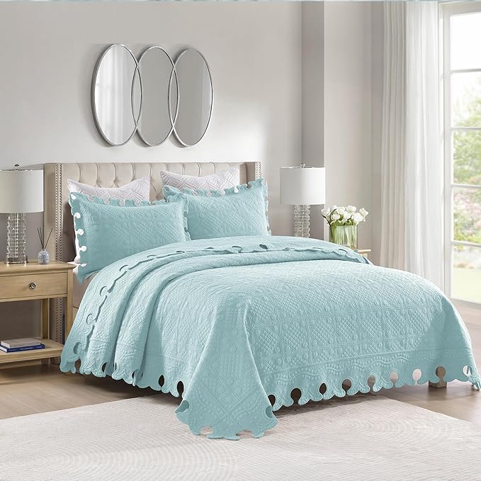 MarCielo 3-Piece 100% Cotton Oversized Bedspread Lightweight Quilt Coverlet Embroidery Farmhouse Bedding Set (TW Mint Green Blue, Oversized King (118"x106"))