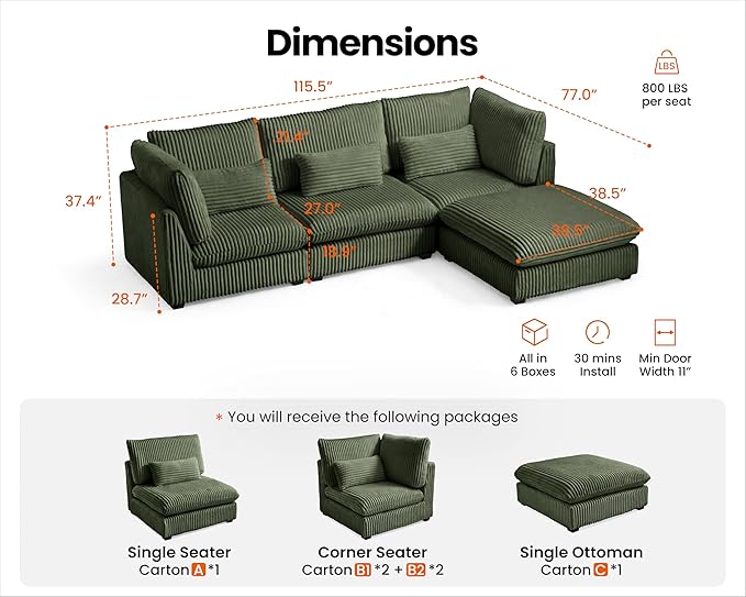 Oversized Modular Sofa, Extra Deep Cloud Corduroy Sectional Couch with Ottoman Chaise, Fluffy Chenille 4 Seat L-Shaped Sofa for Living Room, Villa (L Shape 4 Seater, Corduroy Green)