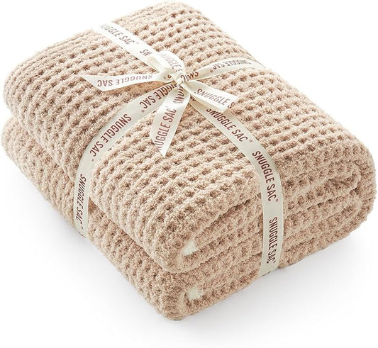 Snuggle Sac Waffle Throw Blanket for Couch Bed Sofa 50x60 inches, Reversible Beige Blanket Microfiber Fluffy Fuzzy Cozy Knit Soft Throws for Women Mothers Birthday Gifts