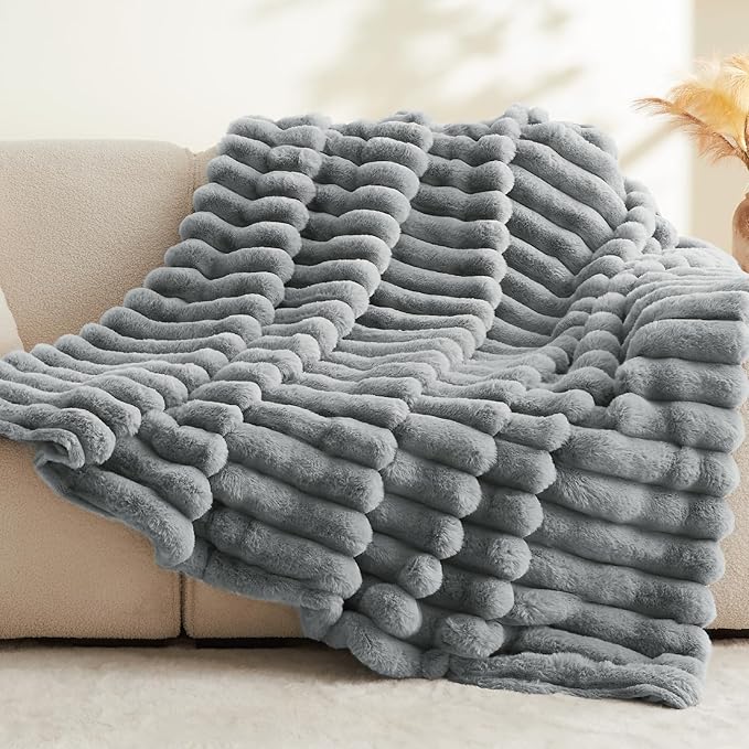 BEDELITE Faux Fur Throw Blanket for Couch, Soft and Cozy Luxurious 3D Striped Fluffy Blanket, 770GSM Thick Warm Plush Fuzzy Faux Rabbit Fur Blanket for Women Gift (Crey, 50"x 60")
