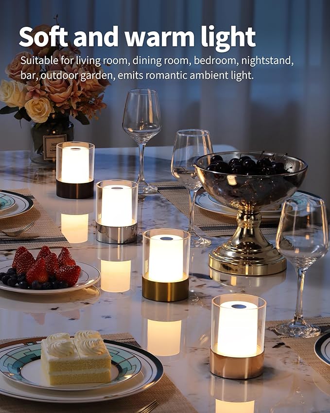 LED 4" inch Touch Night Light for Nursery Baby Kids Set of 2 (Chrome), Small Outdoor Waterproof Lamp for Bathroom Camping, Rechargeable Cordless Table Lamp for Bar Bedside Restaurant Gifts