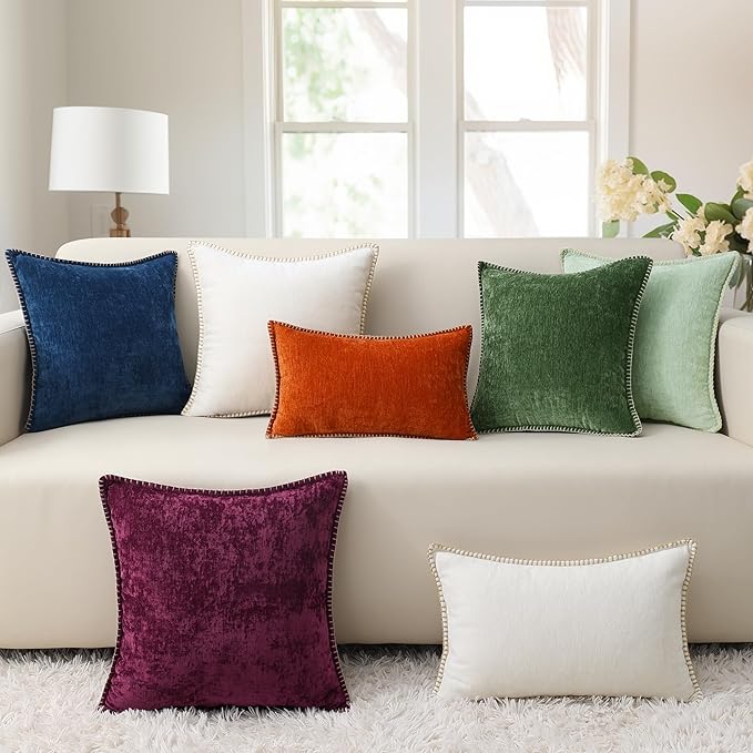 decorUhome Fall Chenille Soft Throw Pillow Covers 24x24 Set of 2, Farmhouse Velvet Neutral Decorative Euro Pillow Covers with Stitched Edge for Couch Sofa Bed Home Decor, Rust