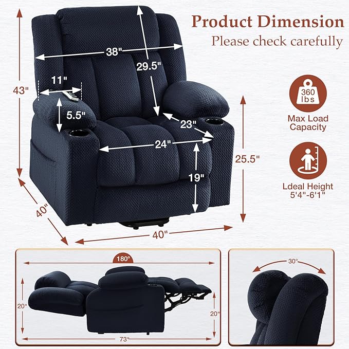 Three Motor Large-Wide Power Lift Chairs Recliners for Big and Tall Elderly, 180° Lay Flat Lift Chair, Infinite Position, Power Headrest, Heat & Vibration Massage (Plush Flannel, Navy Blue)
