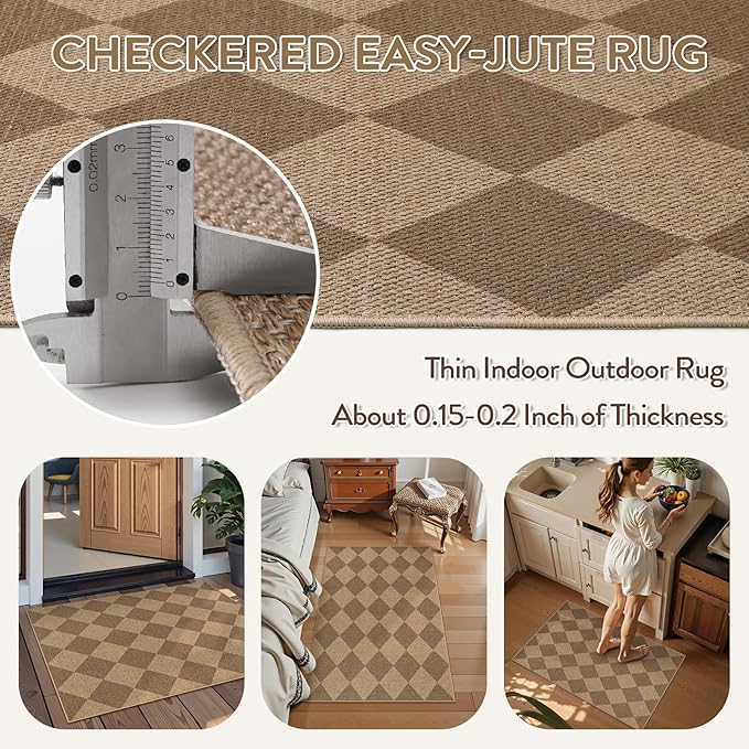 Lahome Checkered Easy Jute Rug, 2x3 Entryway Rug Indoor Outdoor Front Door Mat, Farmhouse Neutral Non Slip Non Shedding Washable Kitchen Mats for Floor Foyer