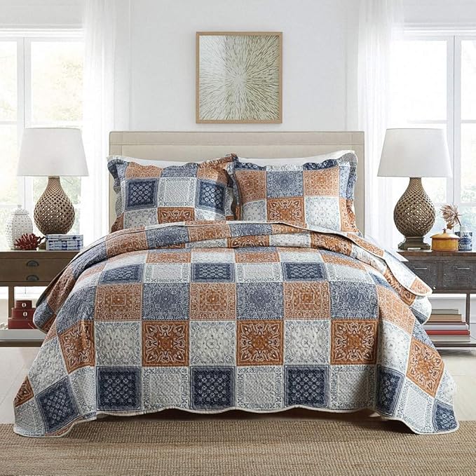 NEWLAKE Quilt Bedspread Sets-Color Block Pattern Reversible Coverlet Set,Queen Size