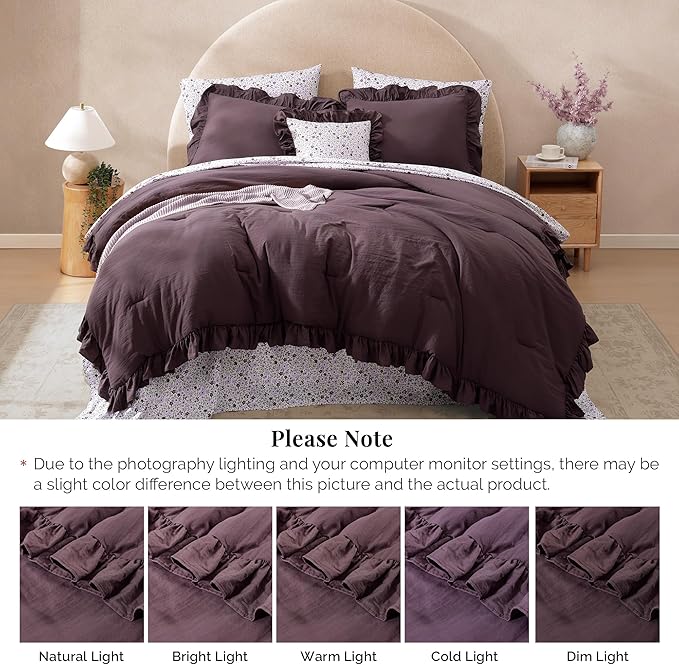 Queen Comforter Set - 7 Pieces Ruffle Purple Bedding Sets, Shabby Chic Farmhouse Bed in a Bag Queen with Ruffle Comforter, Floral Sheets, Pillowcases & Shams