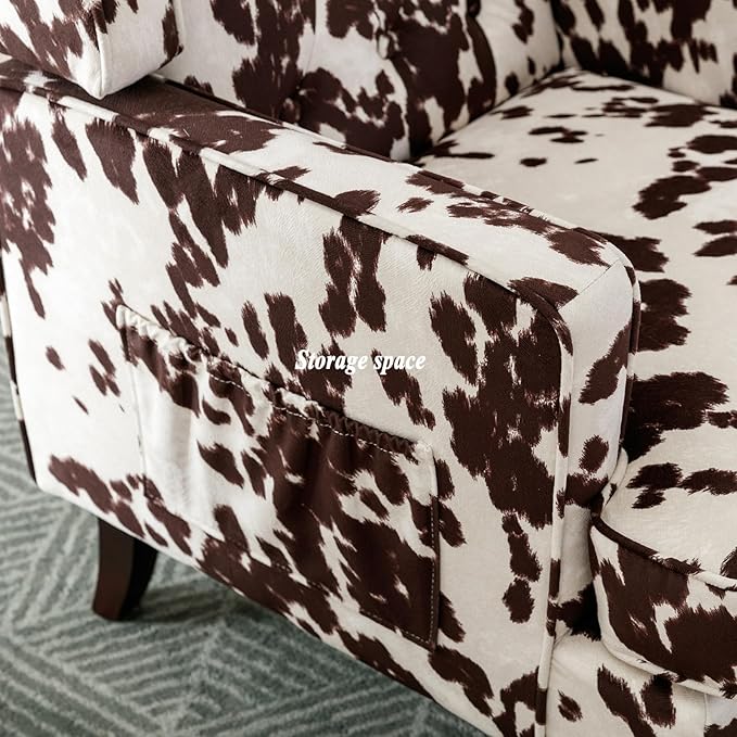 DUOMAY Tufted Accent Chair Set of 2, Modern Upholstered Wingback Side Arm Chair for Living Room Bedroom with Wood Legs, Comfy Reading Guest Chair for Office, Milk Cow/Brown