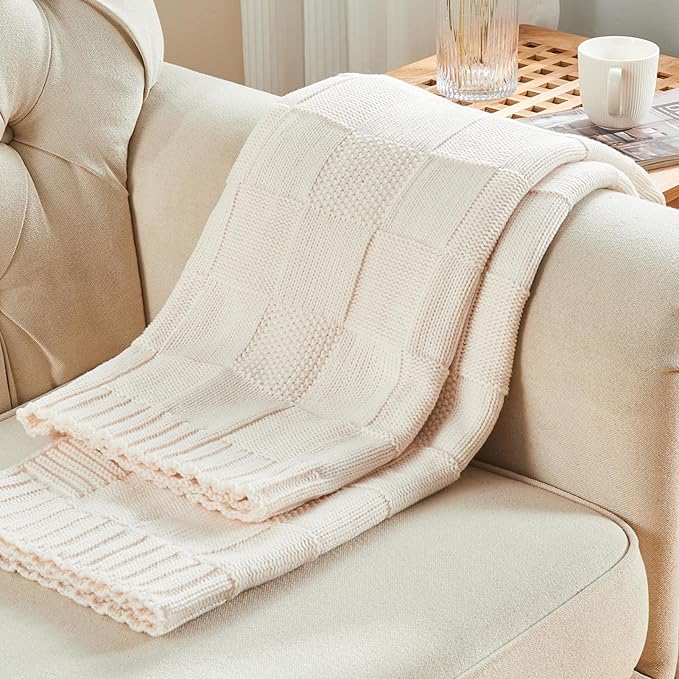 CozeCube Check Knit Throw Blanket, Cream White Checkered Throw for Couch, Decorative Christmas Soft Cozy Warm Knitted Blanket for Bed Sofa Living Room, 60"X80"