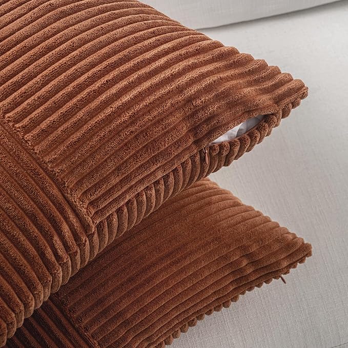 Fancy Homi 2 Packs Rust Long Lumbar Decorative Throw Pillow Covers 16x24 Inch for Couch Bed Sofa, Farmhouse Boho Home Decor, Soft Striped Corduroy Rectangle Accent Terracotta Cushion Case 40x60 cm