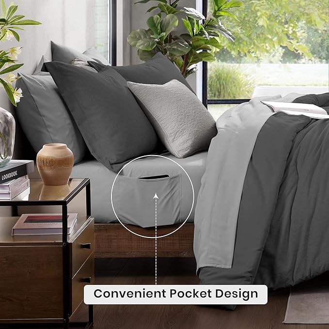 Monbix Queen Comforter Set - 7 Pieces Cationic Dyeing Dark Grey Bed in a Bag Queen Bedding Sets with Comforter, Sheets, Pillowcases & Shams, Reversible Bedding Comforters Sets