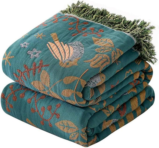Boho Throw Blanket for Couch Sofa Bed, 100% Cotton Woven Quilt with Tassel 60”x80”, Super Soft Muslin Blanket with Bird Printed, Decorative Reversible Bed Blanket/Cover for All Seasons