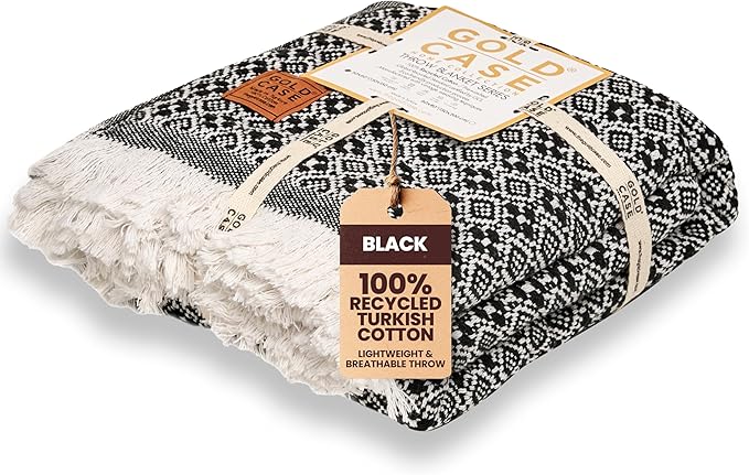 Gold Case Throw Blanket for Couch – 100% Recycled Turkish Cotton Blankets & Throws – Elegant Decorative Throw Blankets for Living Room Sofa – Woven Throws for Couch – Retro Black – 50x60