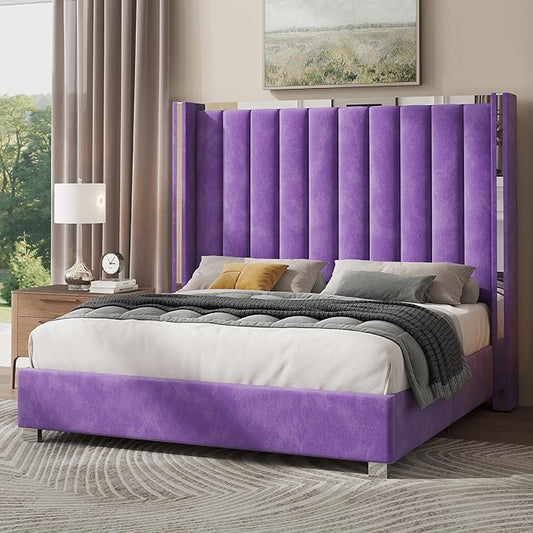 Jocisland Queen Bed Frame with 58" Tall Headboard, Velvet Upholstered Platform Bed with Channel Tufted Wingback Headboard and Plating Trim, No Box Spring Needed, Purple