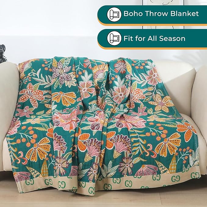 Boho Throw Blankets Reversible Luxurious Cotton Bed Throws with Vintage Bohemian Design & Yellow/Green Lightwight Floral Decor Blanket, Perfect as Bed Sofa Quilt 60" x 80"