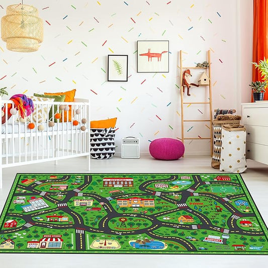 Kids Carpet Playmat Rug 8 x 10 ft Player Car Rug, City Life Traffic Road Map Mat Educational Game Area Mat for Toddler Children Playroom Classroom Bedroom(Green)