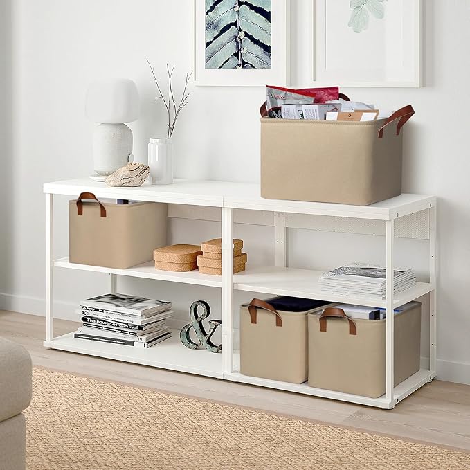 KEEGH Storage Baskets for Organizing, Fabric Storage Bins for Shelves with Leather Handle, Shelf Baskets for Closet Organization, 15" L x 11" W x 10" H, Brown, 4 Pack